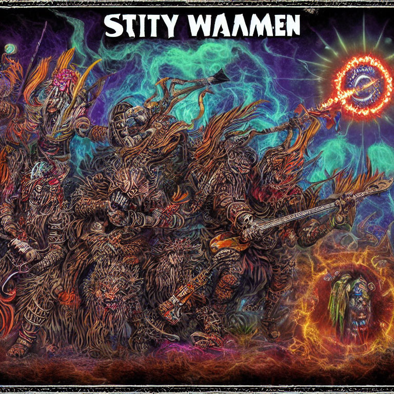 Fantasy artwork with grotesque creatures playing guitars in fiery setting