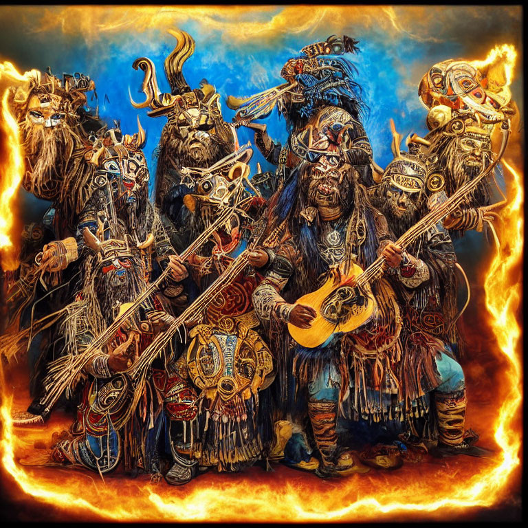 Fantasy warriors in tribal attire with weapons and guitar surrounded by fiery border