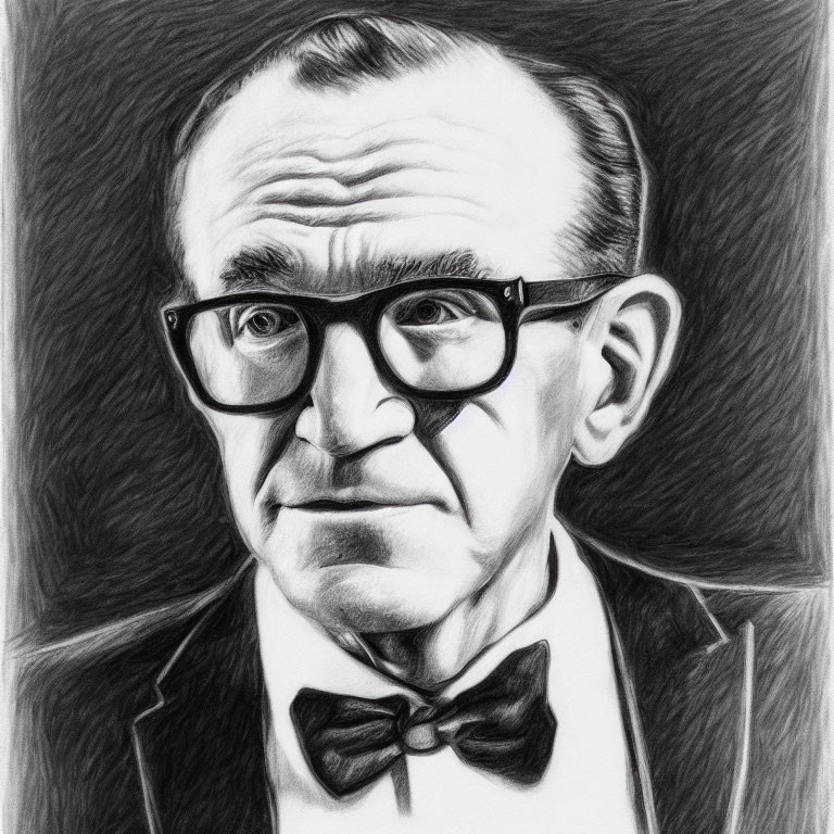 Detailed pencil sketch of mature man with glasses, bow tie, and prominent cheekbones