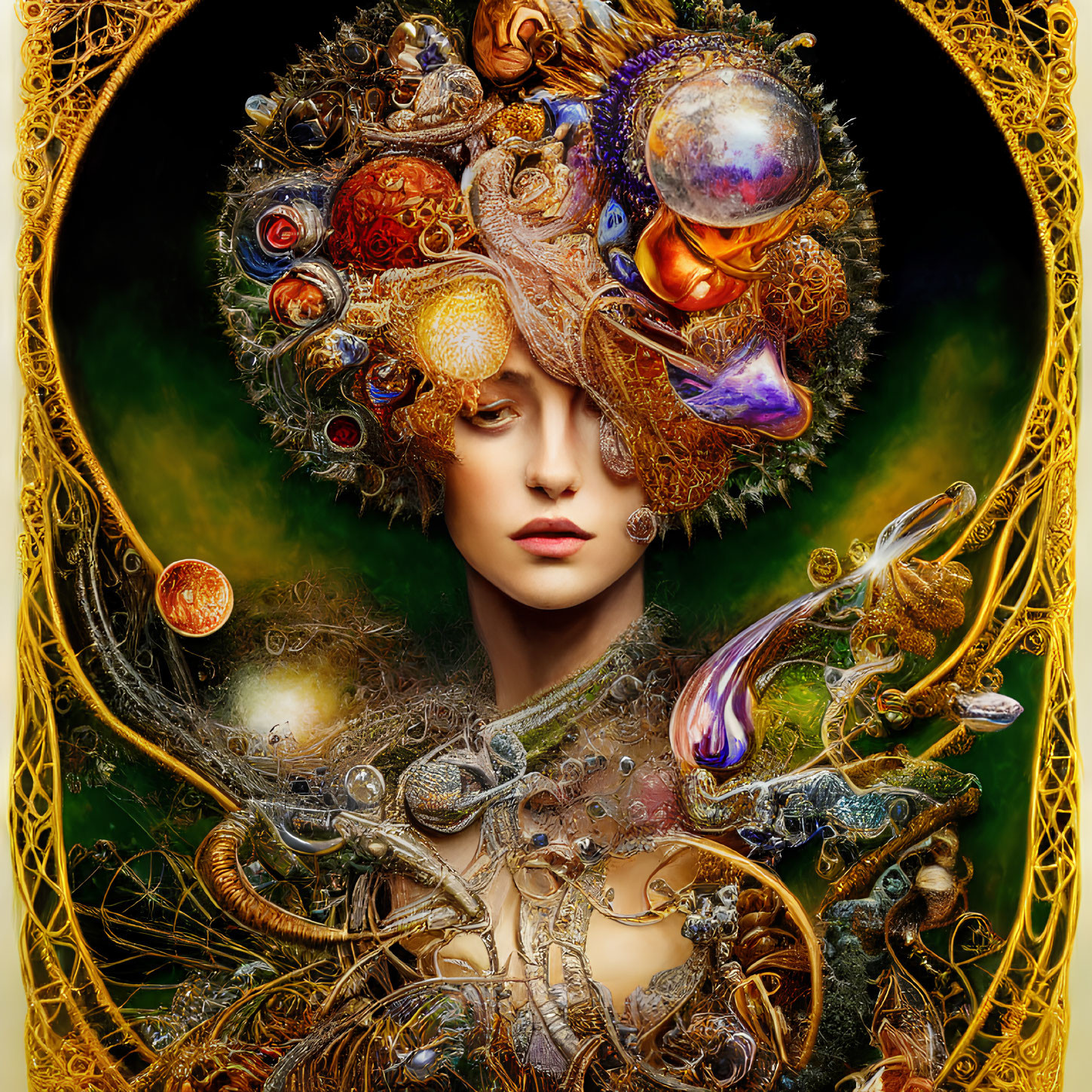Surreal portrait of a woman with cosmic headdress and golden background