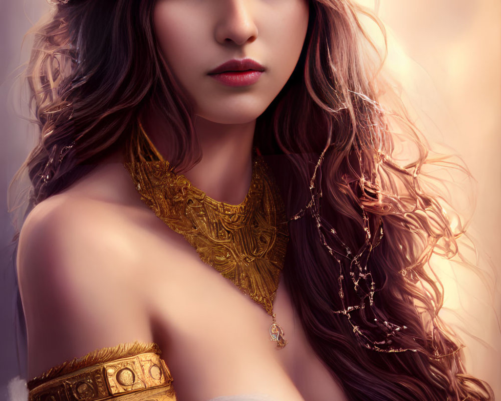 Woman with Long Wavy Hair and White Fur Shawl in Golden Jewelry