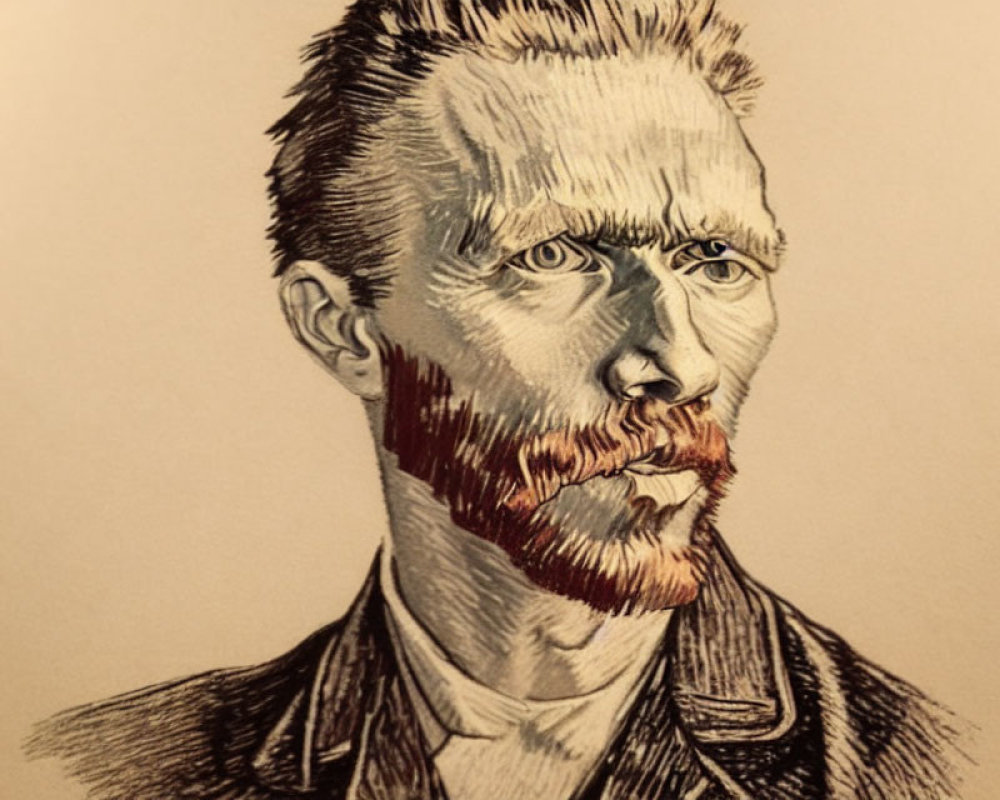 Detailed portrait sketch of a man with intense eyes and a prominent beard