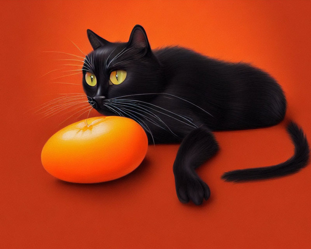Black Cat with Yellow Eyes Resting Next to Orange Fruit on Orange Background