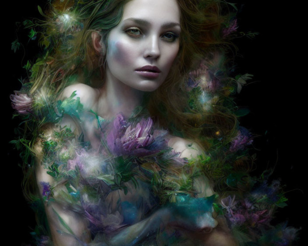 Mystical portrait of woman with flowing hair and floral embellishments