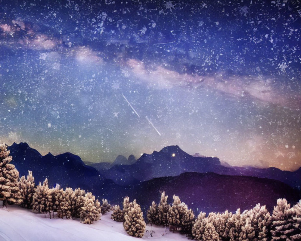 Snowy Night Landscape: Starry Sky, Milky Way, Shooting Stars, Silhouetted Mountains