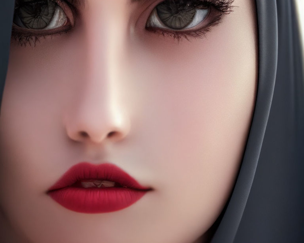 Woman with bold makeup and hijab close-up.