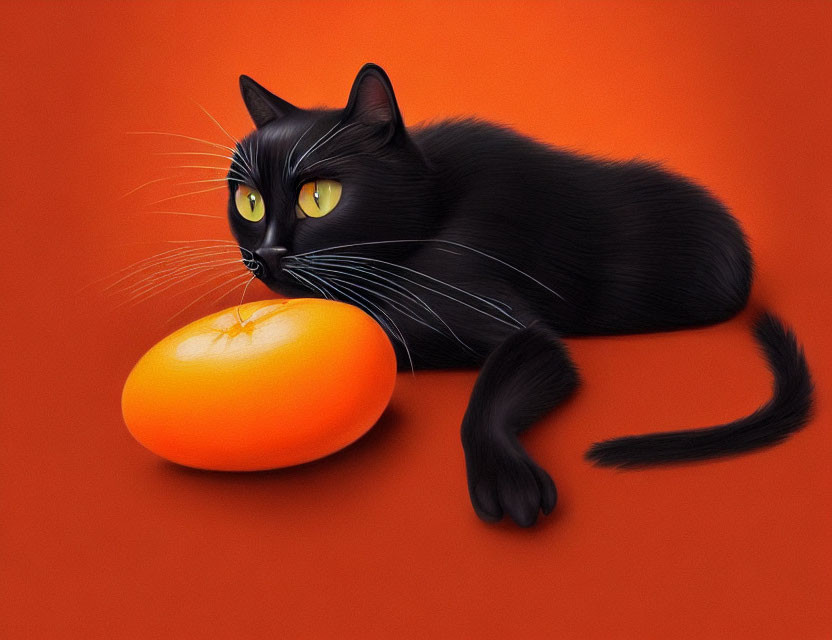 Black Cat with Yellow Eyes Resting Next to Orange Fruit on Orange Background
