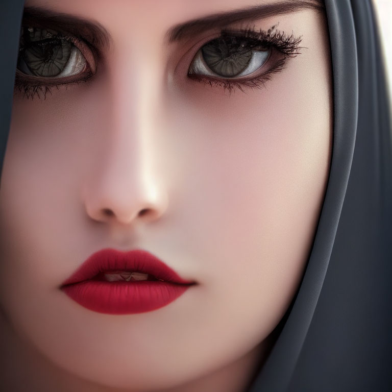 Woman with bold makeup and hijab close-up.