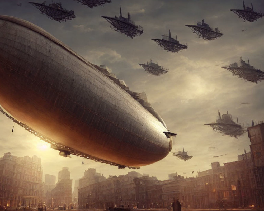 Futuristic cityscape with airships and empty street at sunset