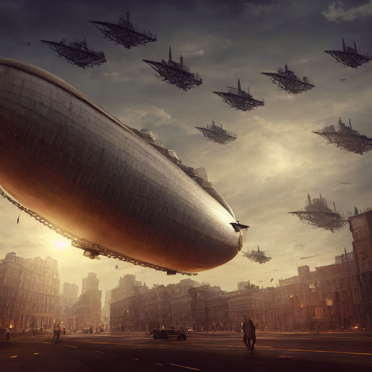 Futuristic cityscape with airships and empty street at sunset