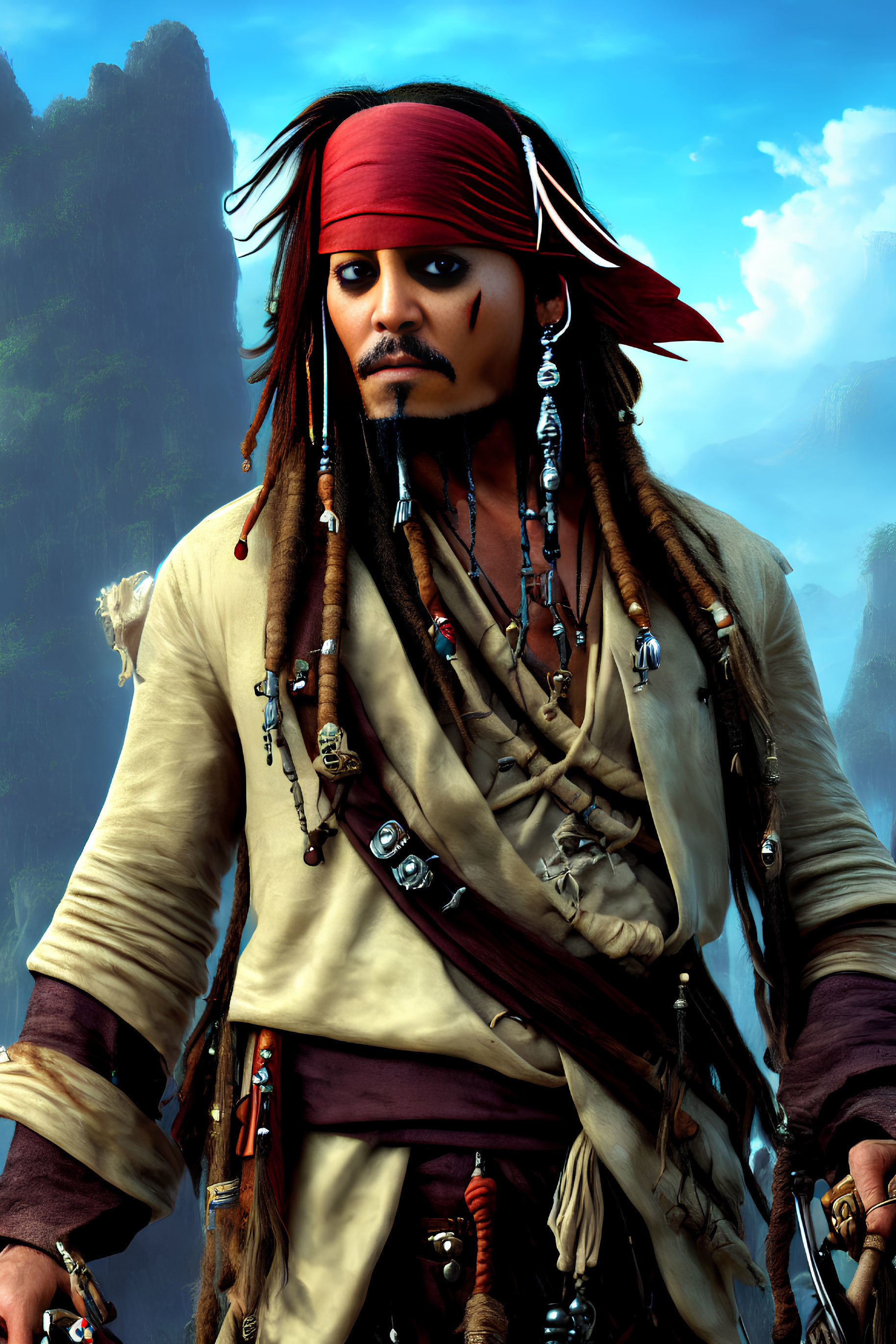 Person in pirate costume with red headband, braids, and beads against blue sky.