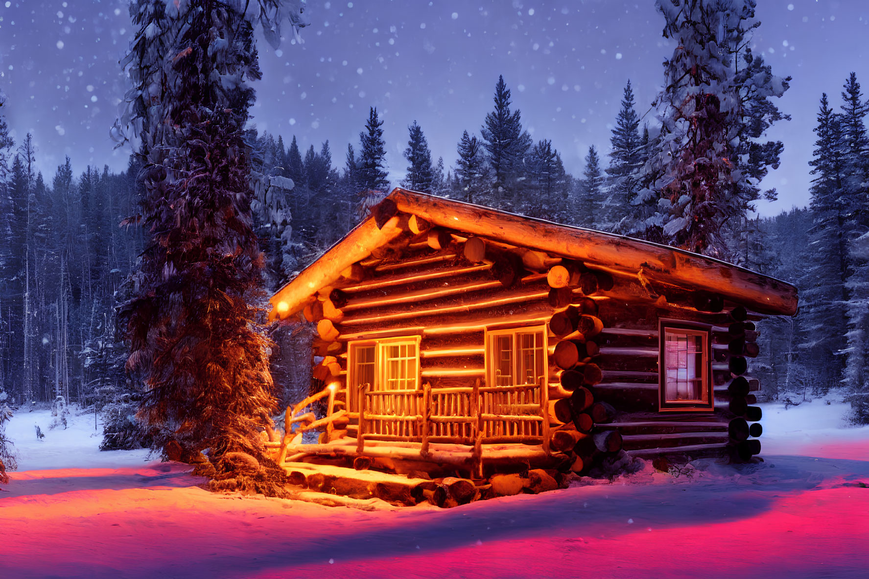 Snowy forest log cabin under twilight sky with falling snowflakes