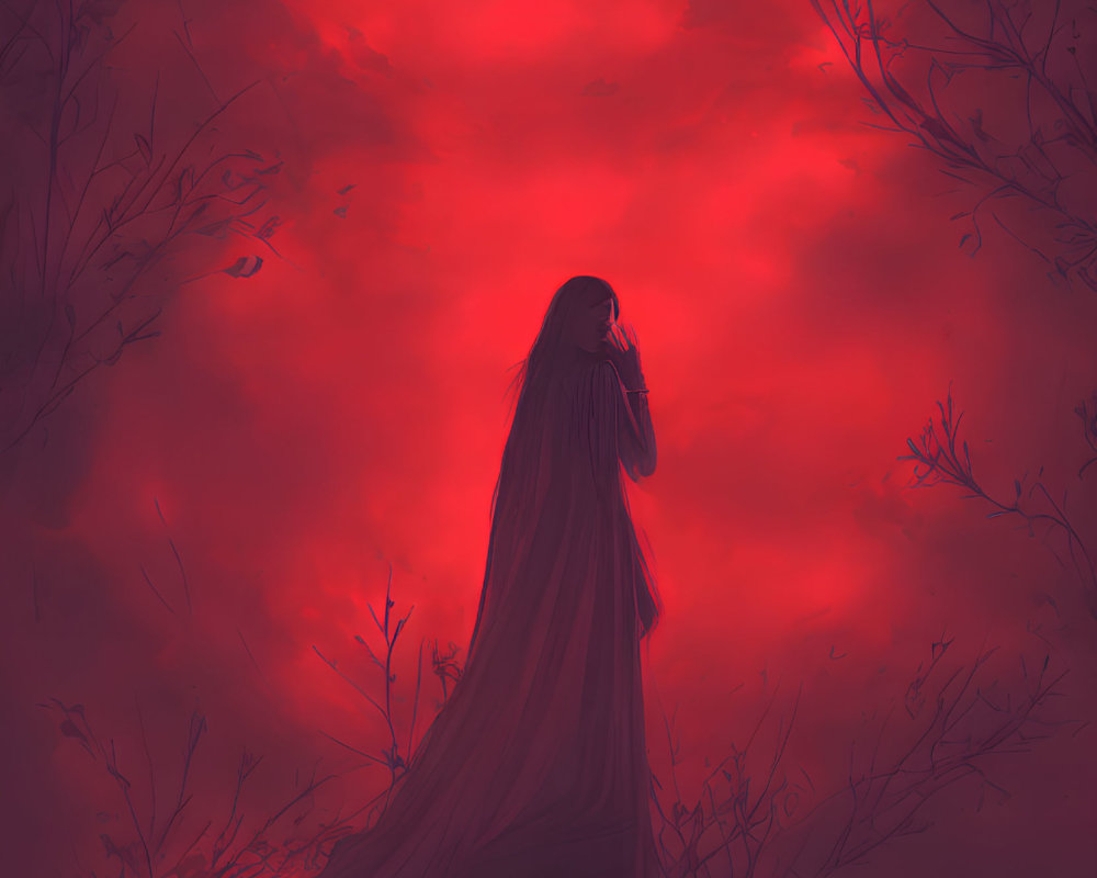 Mysterious figure in cloak under red moon and dark trees