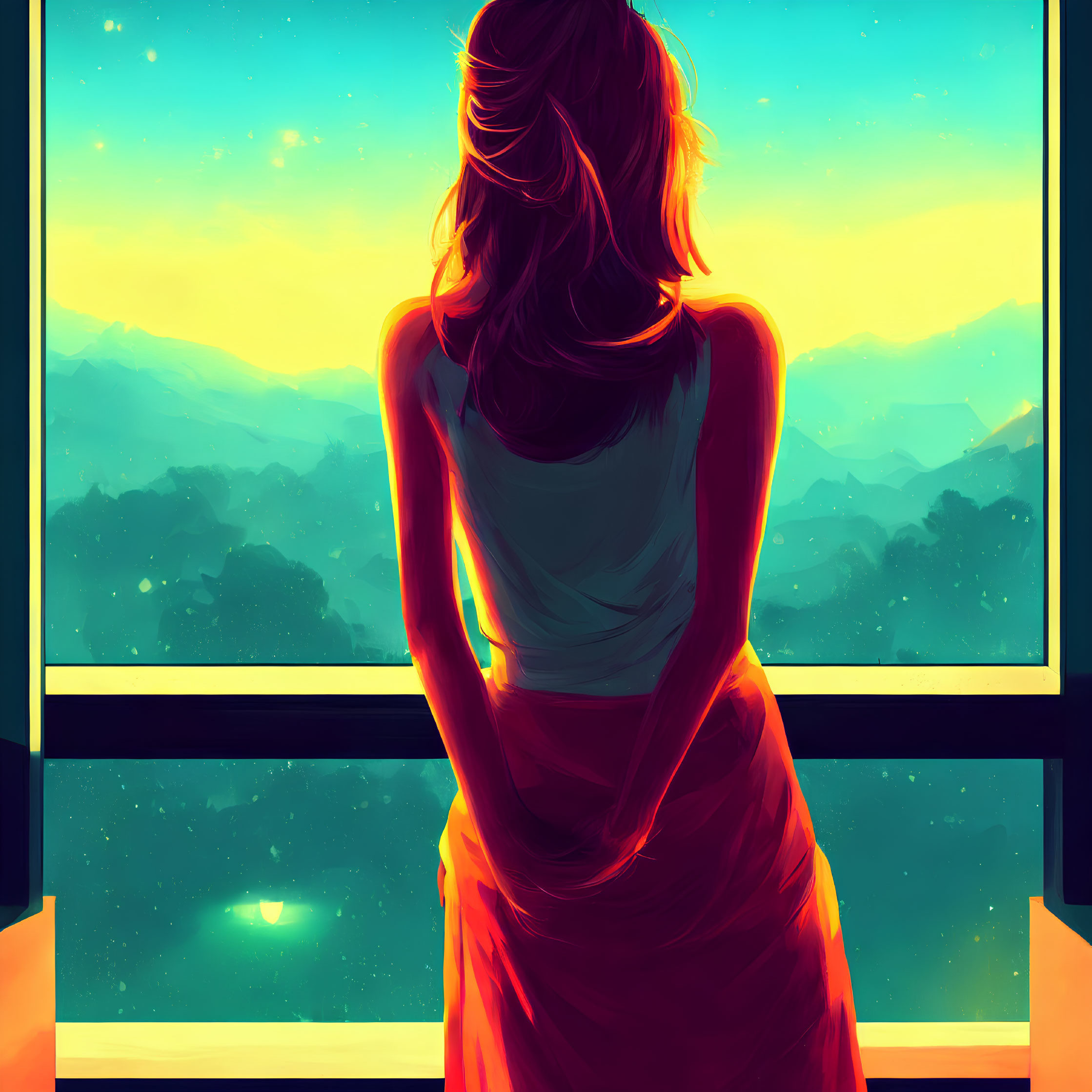 Woman in Red Dress Looking at Sunset over Mountains from Large Window