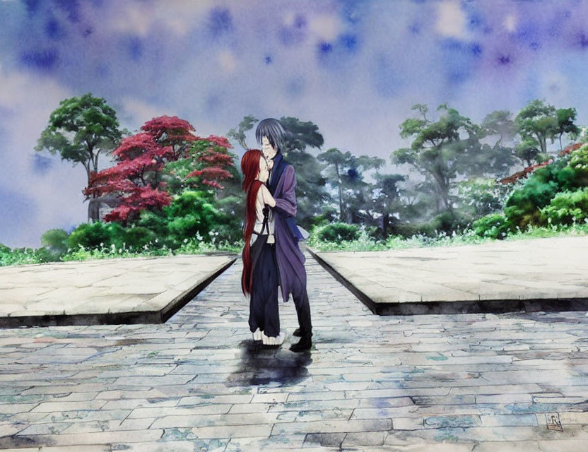 Anime characters embrace on cobblestone path with colorful trees & cloudy sky