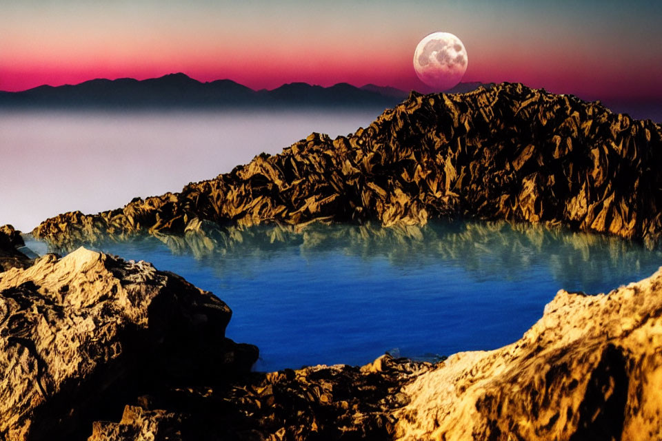 Twilight mountain landscape with blue lake and full moon
