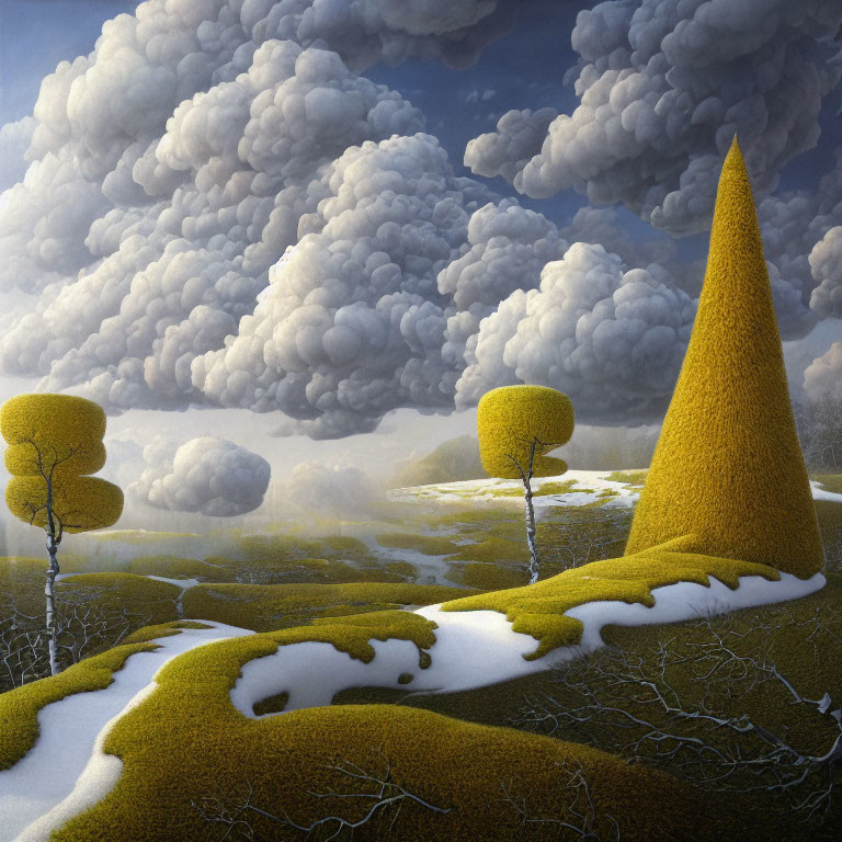 Exaggerated cumulus clouds over surreal landscape with yellow hill