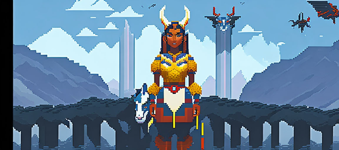 Warrior woman in armor with futuristic city and flying vehicles.