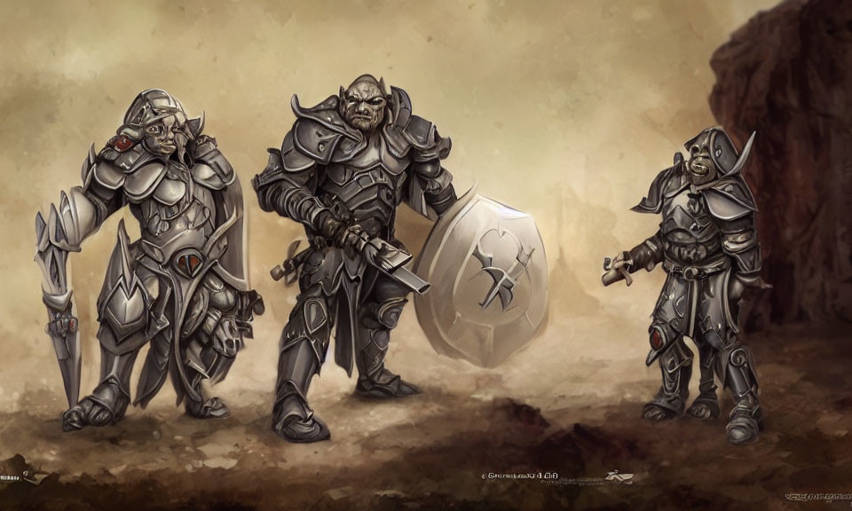 Three Fantasy Warriors in Heavy Armor with Medieval Weapons in Barren Landscape