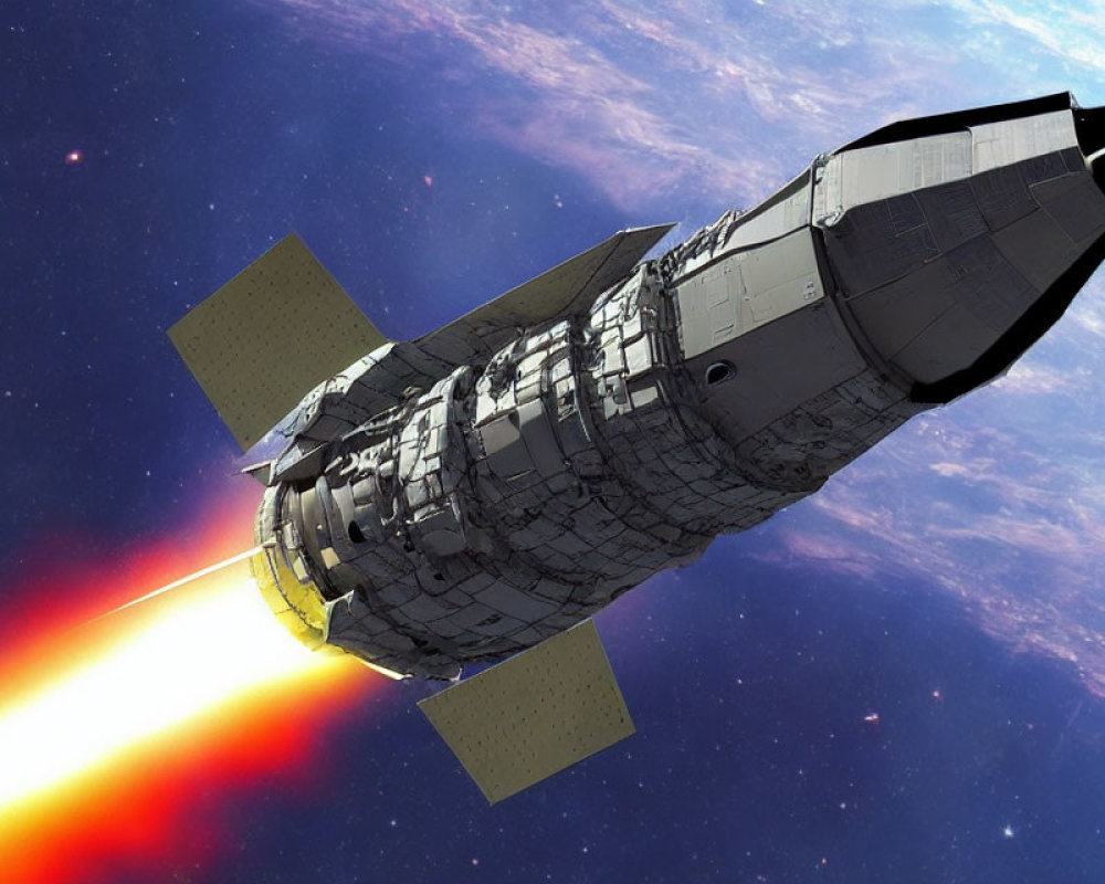 Digital artwork: Spacecraft with fiery propulsion trail in space