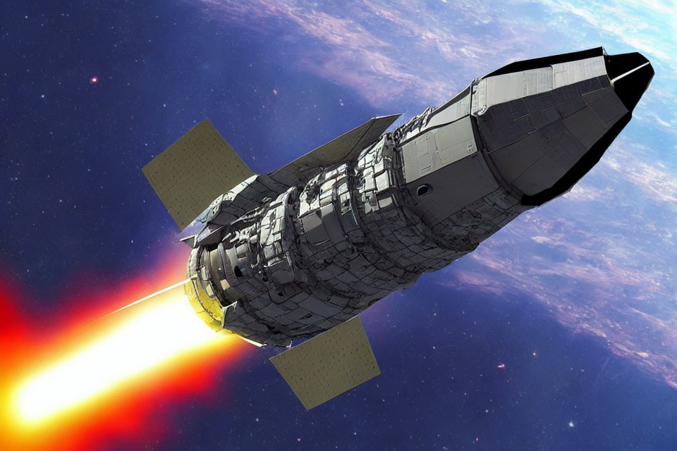 Digital artwork: Spacecraft with fiery propulsion trail in space