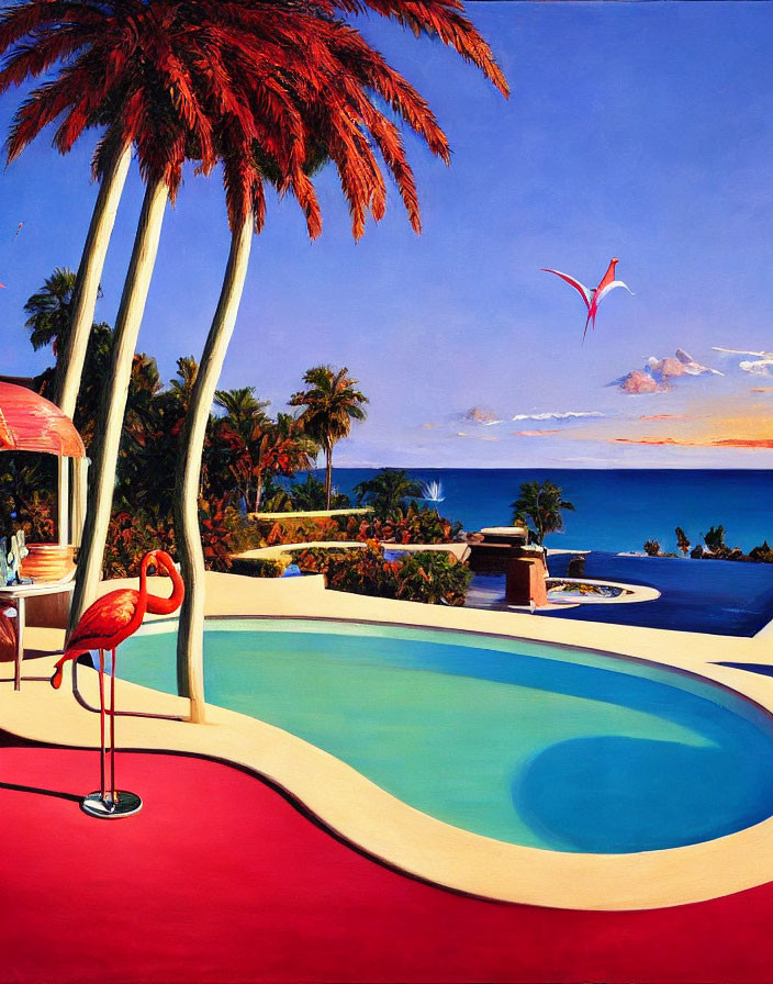 Luxury poolside painting with palm trees, flamingo statue, ocean view, and blue sky