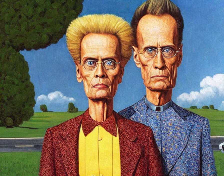 Exaggerated caricature of stern older couple in rural setting