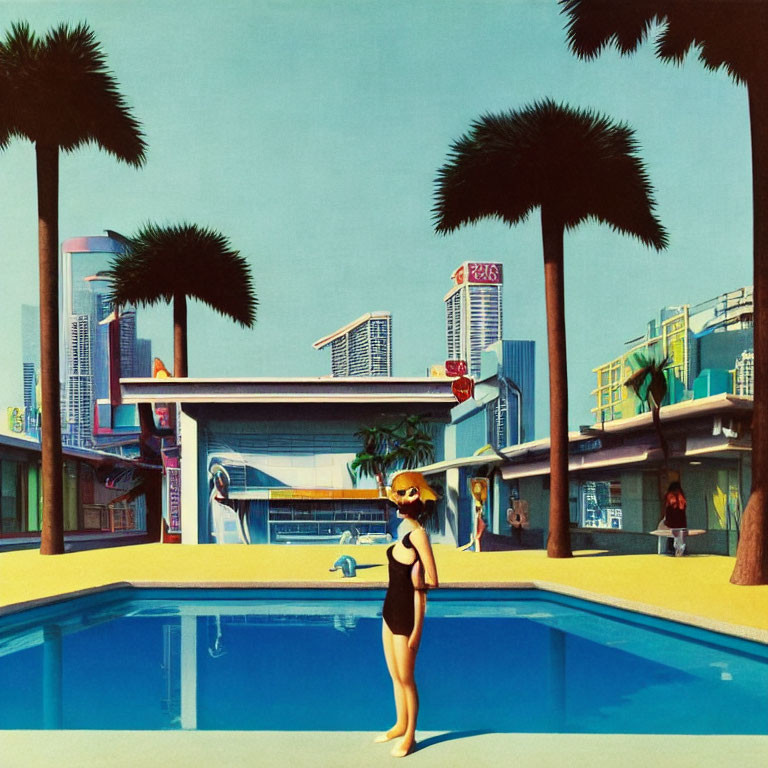 Woman in black swimsuit in surreal urban pool scene