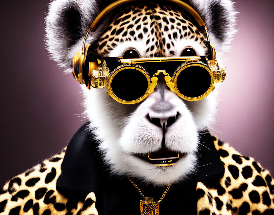 Leopard with Golden Headphones and Steampunk Goggles in Leather Jacket