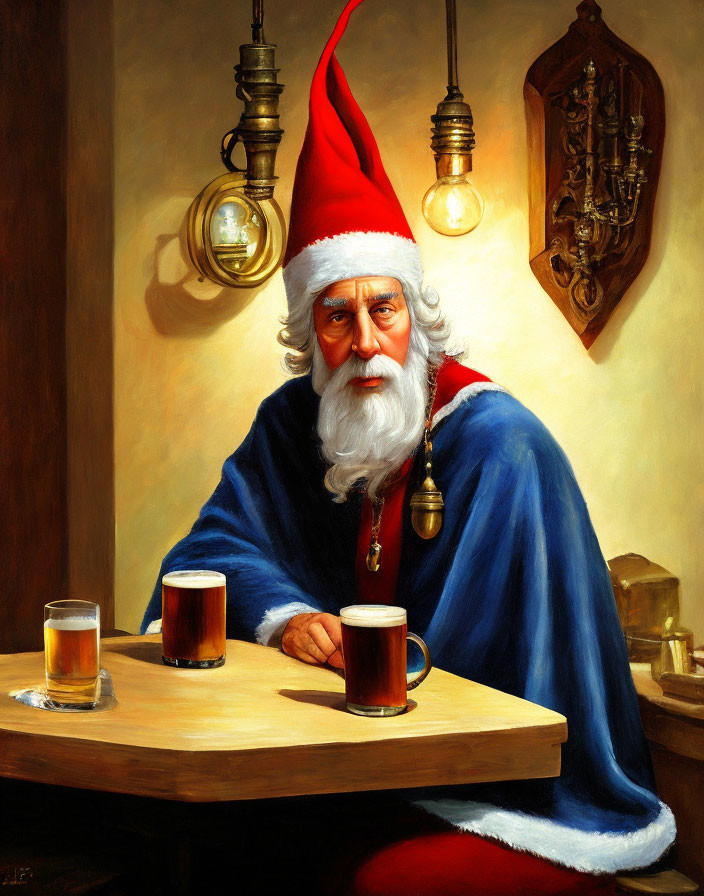 Santa Claus Painting with Beer Glasses on Wooden Table