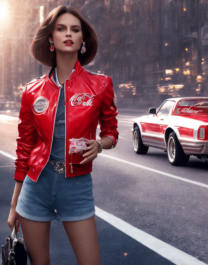 Woman in red Coca-Cola bomber jacket on city street with vintage car