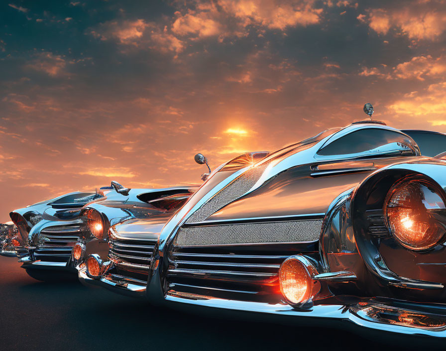 Classic Vintage Cars Displayed at Sunset with Shiny Chrome Details