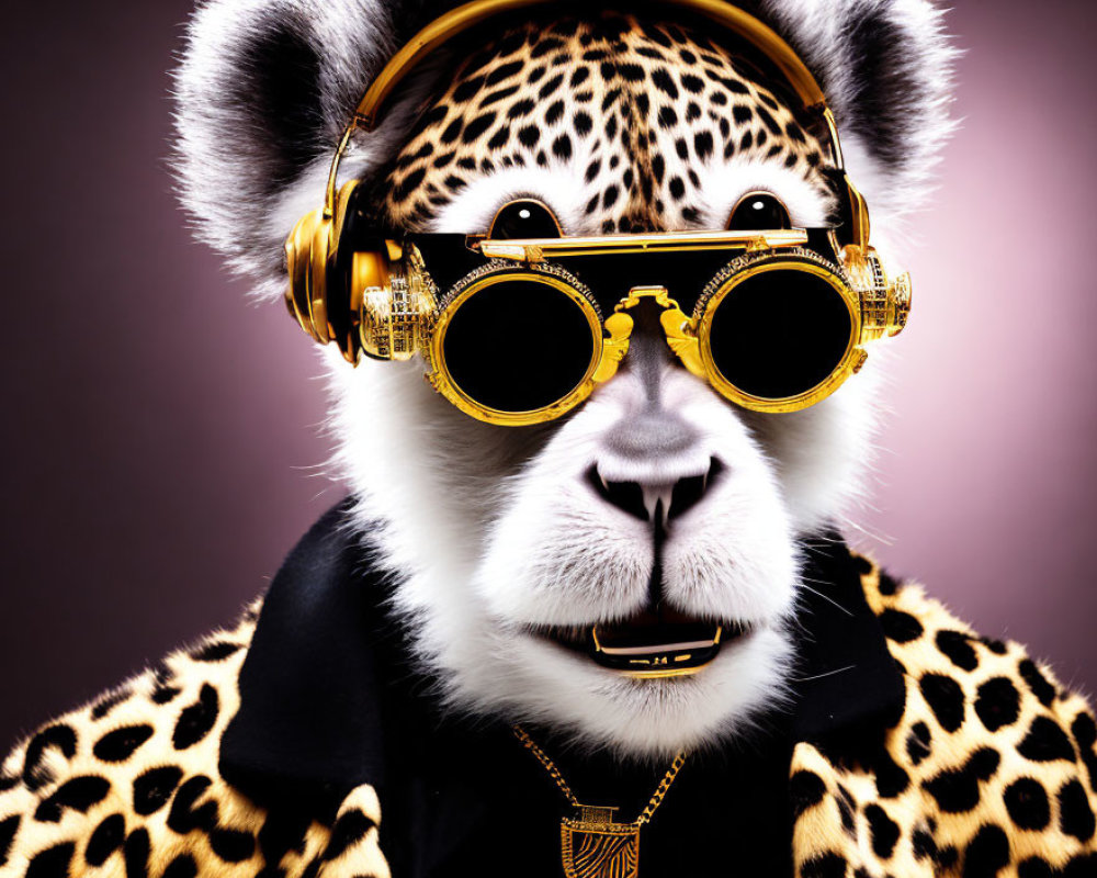 Leopard with Golden Headphones and Steampunk Goggles in Leather Jacket