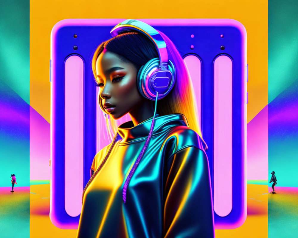 Vibrant neon background with stylized portrait of a woman and abstract shapes