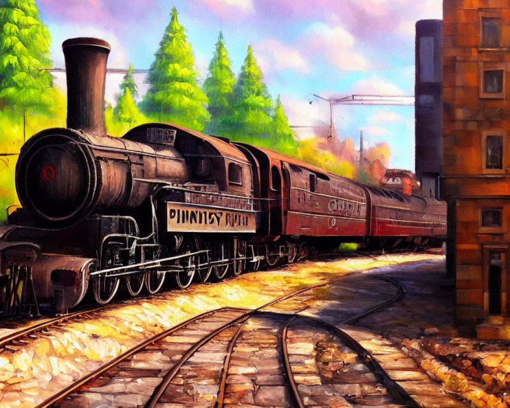 Vibrant vintage steam locomotives painting at railway junction