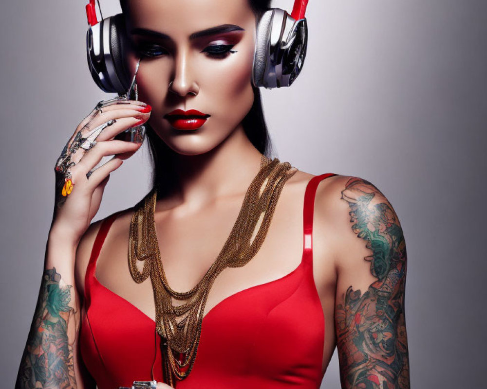 Woman with bold makeup, tattoos, red headphones, top, and necklaces.