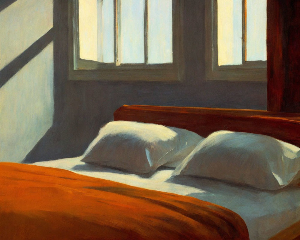 Sunlit Bedroom with Bed, Pillows, Orange Bedding, and Window Shadows