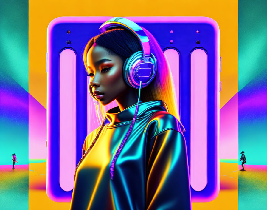 Vibrant neon background with stylized portrait of a woman and abstract shapes