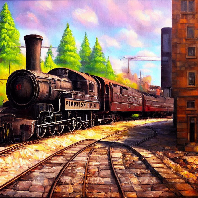 Vibrant vintage steam locomotives painting at railway junction