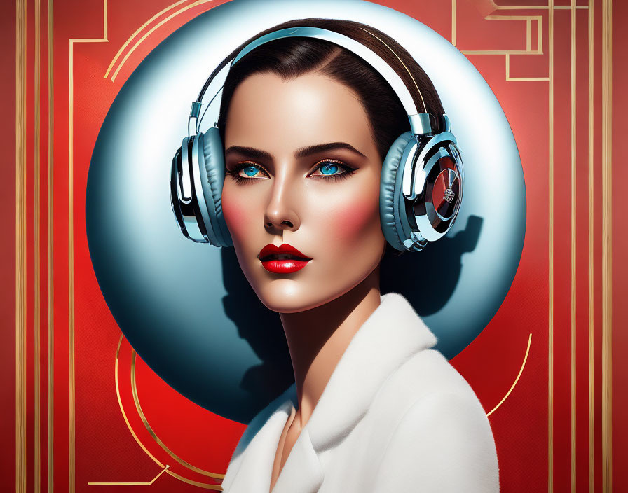 Sleek-haired woman in headphones on red and gold geometric backdrop