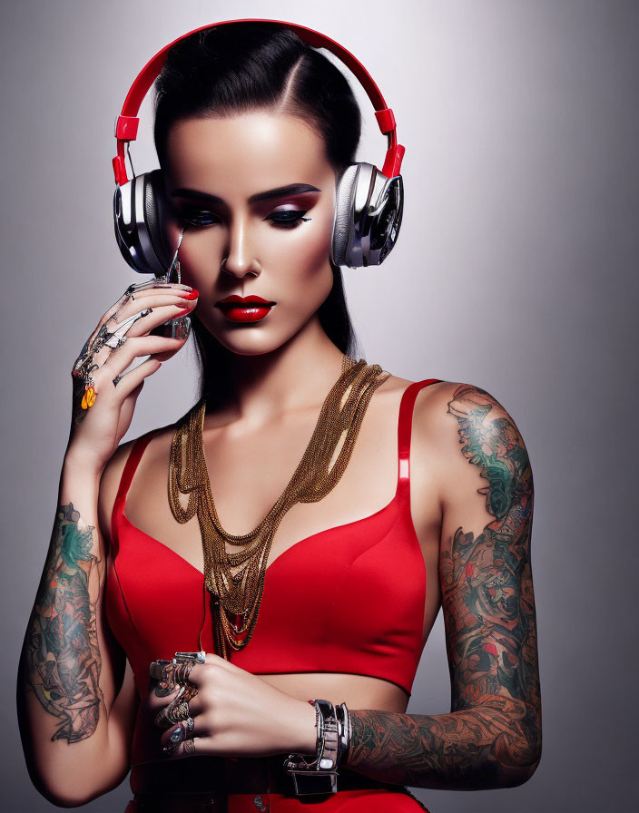Woman with bold makeup, tattoos, red headphones, top, and necklaces.