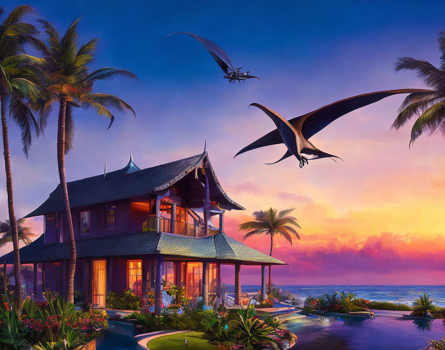 Tropical beachfront with traditional house, palm trees, and pterosaurs at dusk