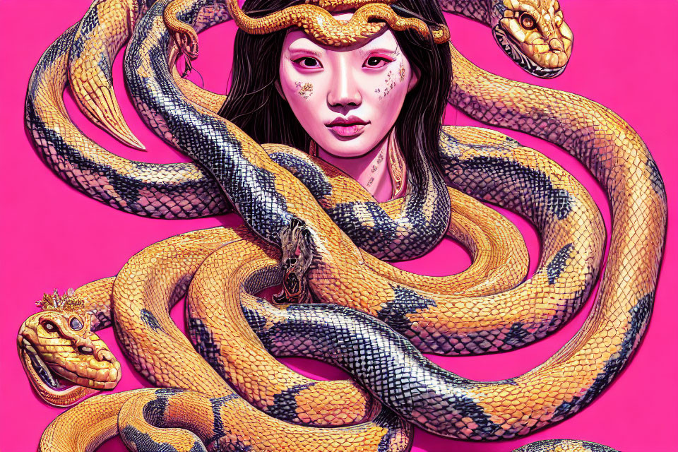 Stylized illustration of woman with golden snakes on pink background