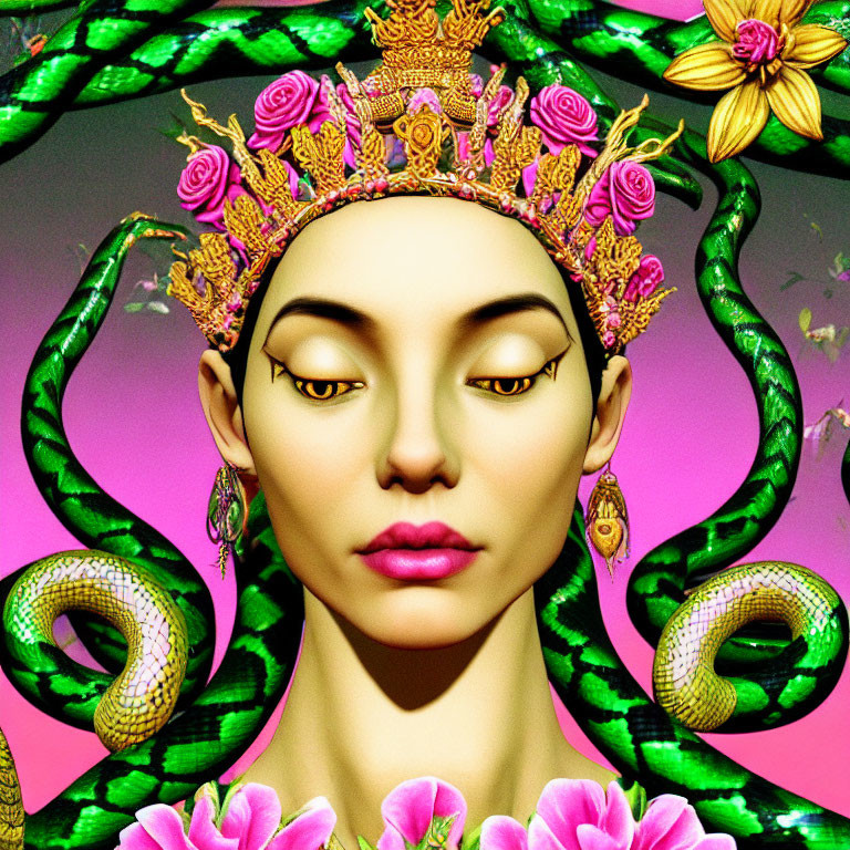 Colorful digital artwork of woman with floral crown and serpents