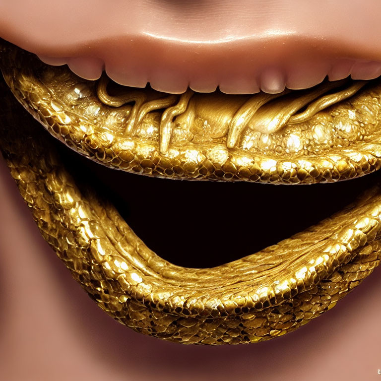 Detailed view: Mouth with golden teeth and gums on flesh-toned backdrop
