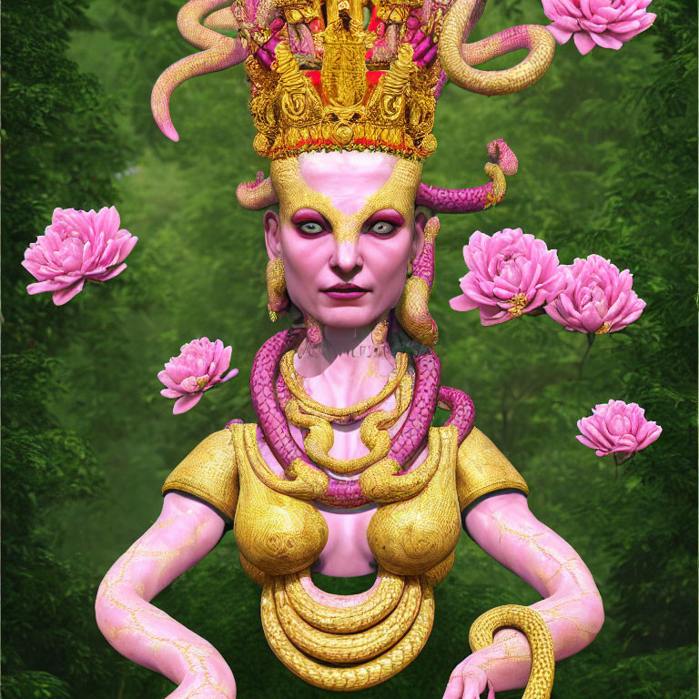 Vibrant illustration of regal, multi-armed entity with golden accessories, amidst lotus flowers