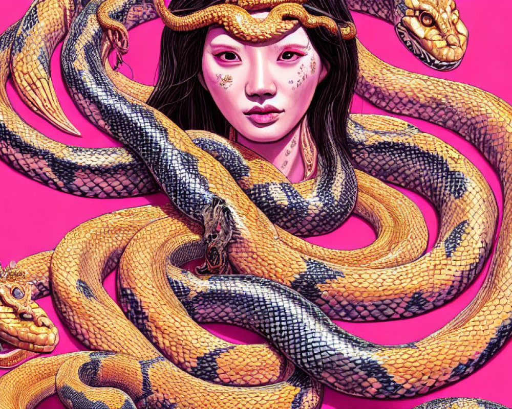Stylized illustration of woman with golden snakes on pink background