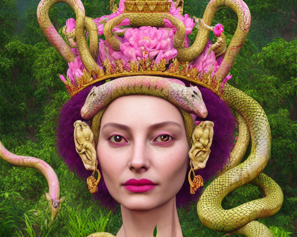 Regal woman with serpent crown and pink roses on green foliage background