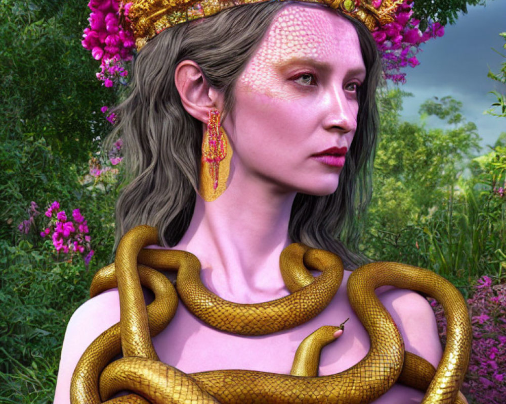 Fantastical woman with reptilian skin and golden snake crown in lush greenery
