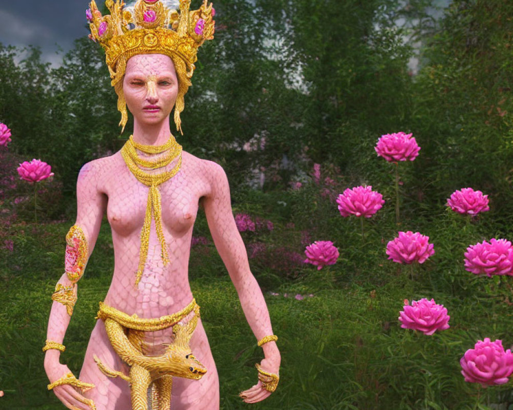 Pink reptilian female figure with golden jewelry and crown among pink flowers under cloudy sky